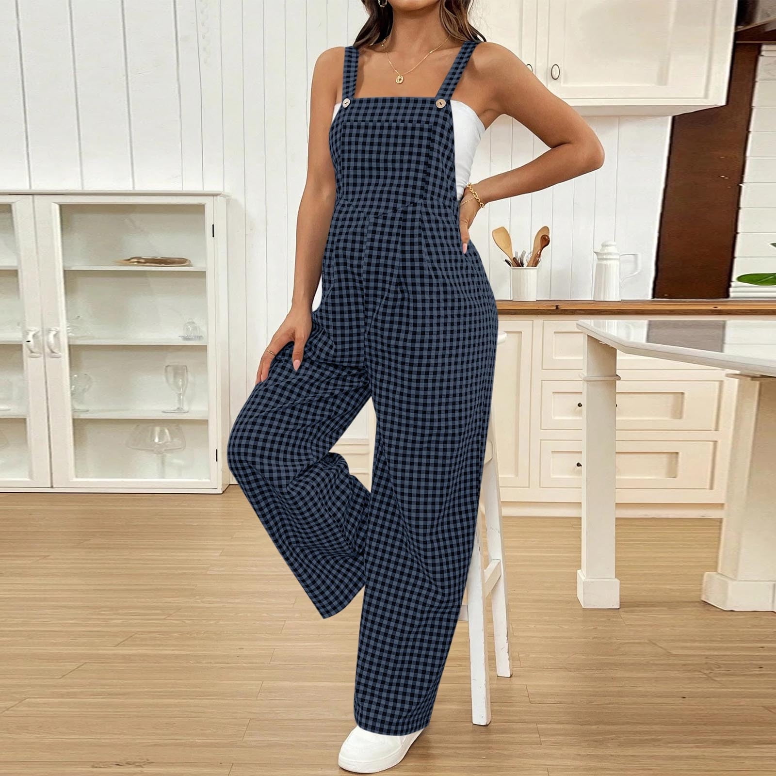 qelini Maternity Overalls Pants Adjustable Straps for Women High Waist Belly Support Pants Elastic Plaid Long Pants