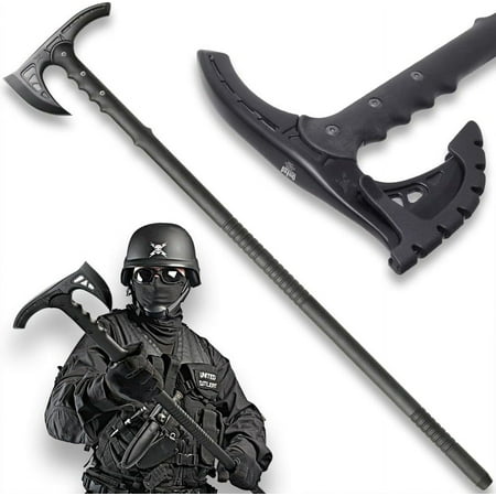 M48 Kommando Survival Axe Hiking Staff | Cast Stainless Steel Blade | Fiberglass Handle | Rubberized Blade Cover | Hiking and Camping | 37" Overall