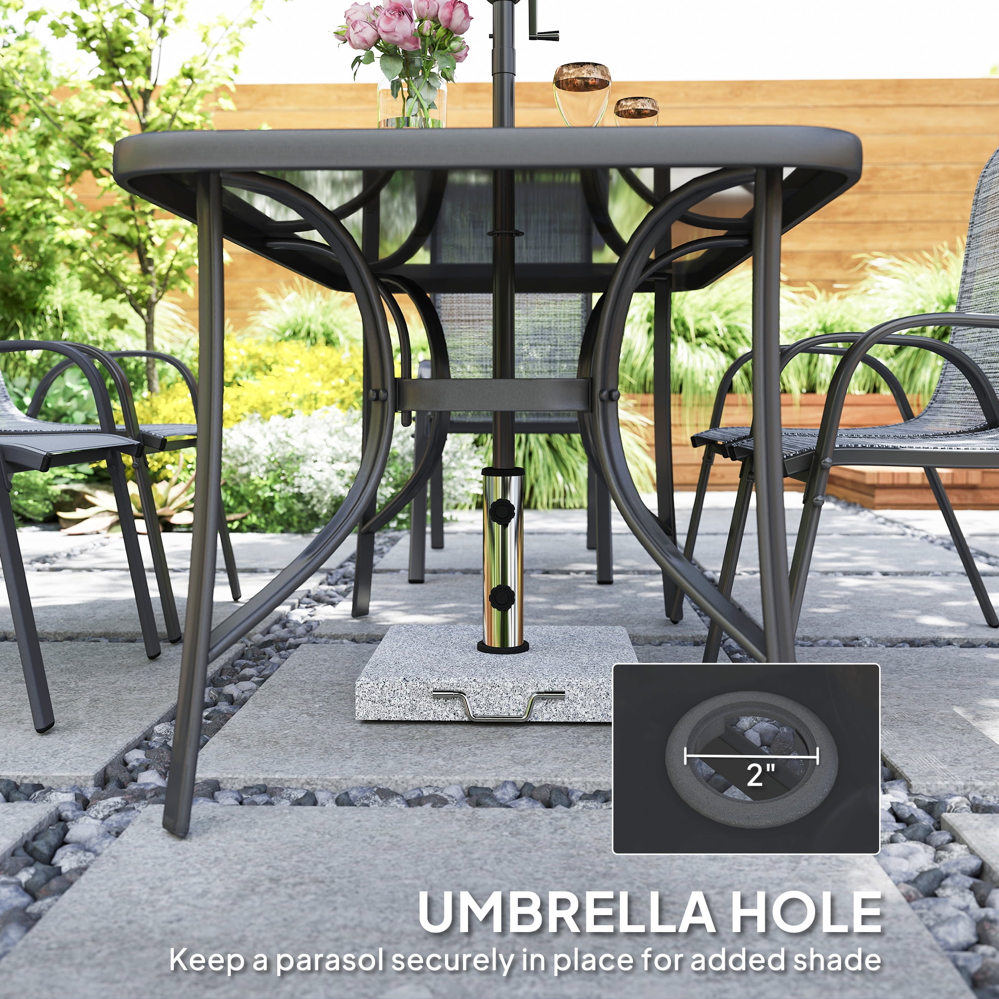Outsunny 8 Piece Patio Furniture Set with Umbrella, Outdoor Dining Table and Chairs, 6 Chairs, Push Button Tilt and Crank Parasol, Glass Top, Gray