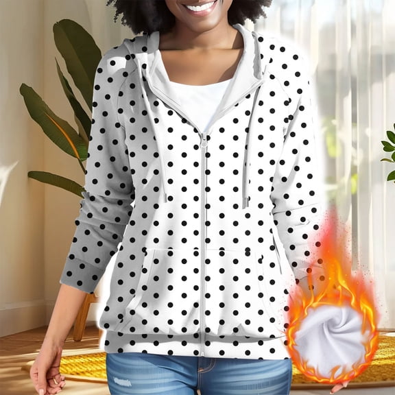 QUNYINEY Polka Dot Womens Jackets Lightweight Casual Fall Hooded Zip up Jacket Long Sleeve Women's Coats