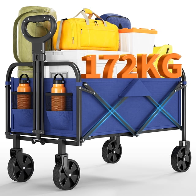 Chariot Pliable de Grande Capacité – 220 L, Robuste avec Roues Tout-Terrain de 5 Pouces, Poignée Ajustable, Porte-Gobelets – Portable pour l'Extérieur – Bleu