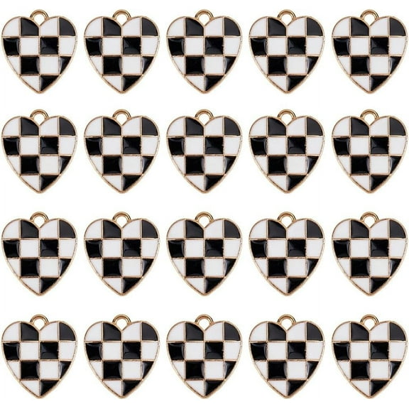 1 Set 1 Box 30Pcs Black and White Heart Charms Checkered Flag Charm Metal Enamel Racing Pattern Love Chic Hearts Charm for Jewelry Making Charms DIY Keychain Bracelet Earrings Necklace Crafting