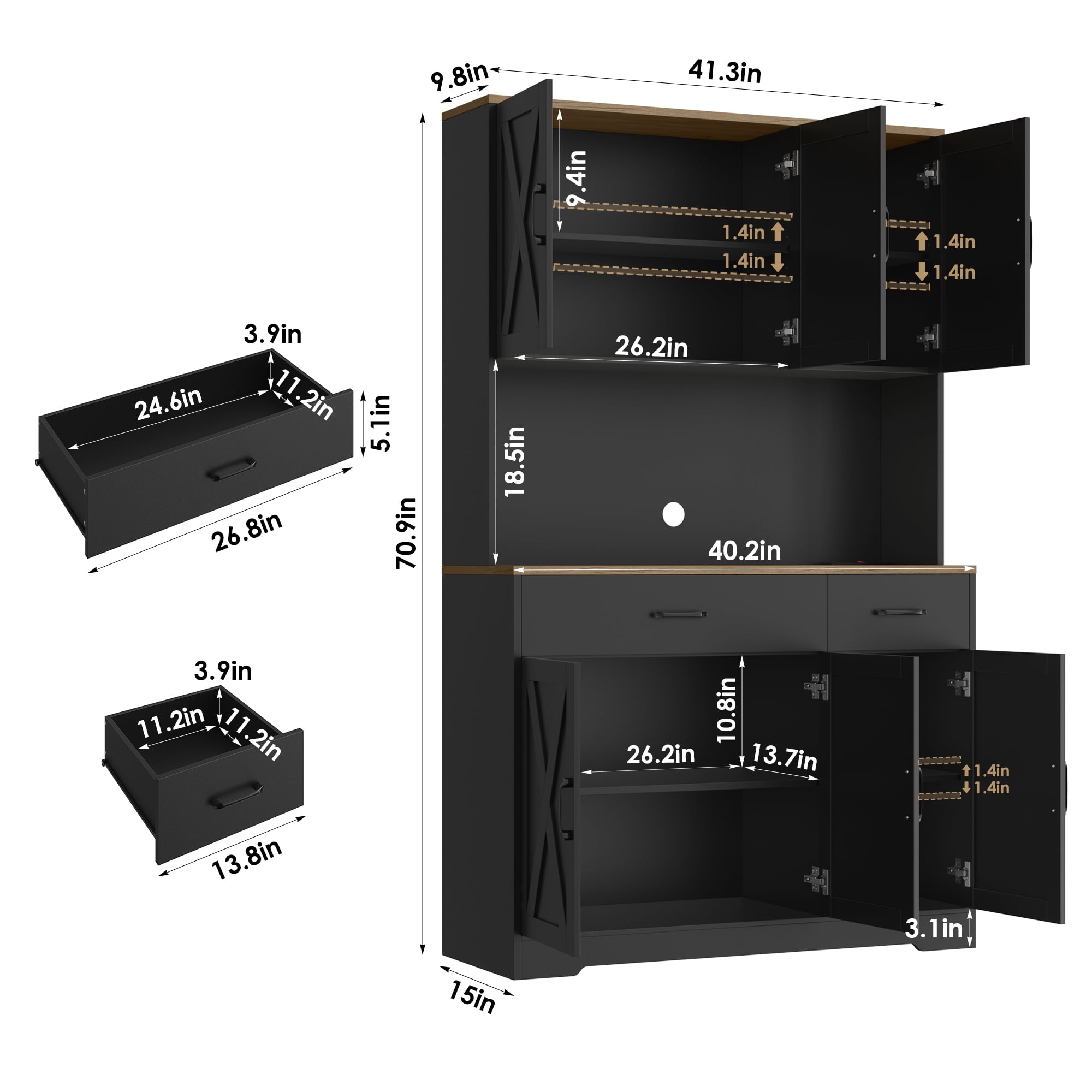 Homfa 71" Kitchen Pantry with Charging Station, Freestanding Cupboard with Adjustable Shelves, Floor Cabinet for Dining Room, Black