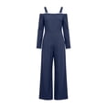 thumbnail image 7 of MexChoioe Womens Off Shoulder Jumpsuits Long Sleeve Contrast Trim Wide Leg Pocket Casual Vacation Rompers, 7 of 7