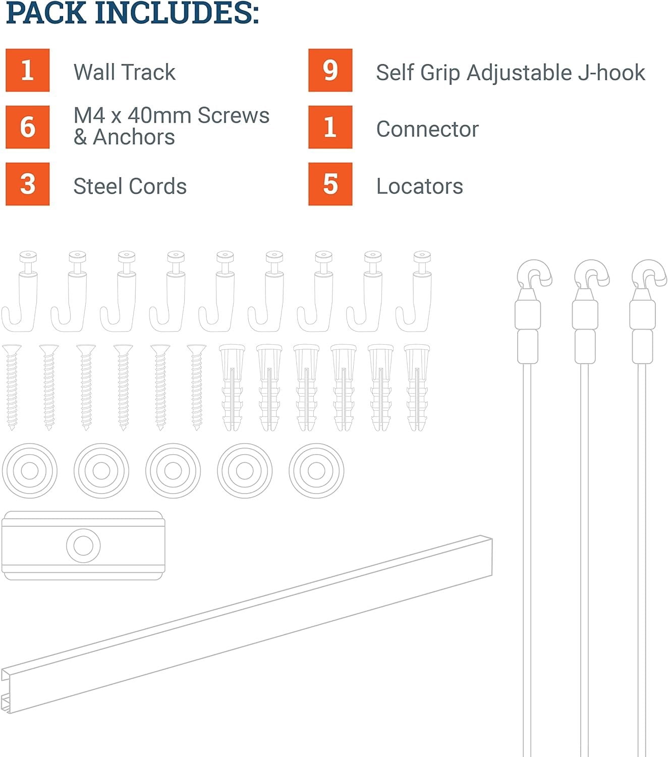 Picture Hang Solutions - Track 100 Picture Rail Kit - Includes 79-inch Wall Track, Steel Cords, Adjustable Hooks, and Hardware - Gallery Hanging Systems (1 set per pack)