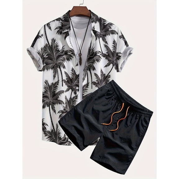 Mens Hawaiian Shirt and Shorts Set Regular Fit Short Sleeve Casual Funky Beach Flamingo Shirt Set Black M
