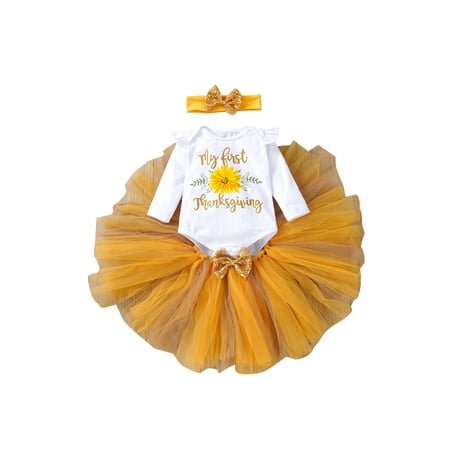 

DuAnyozu 3 Pcs Thanksgiving Day Outfits Letter Flower Print Playsuit Tulle Skirt