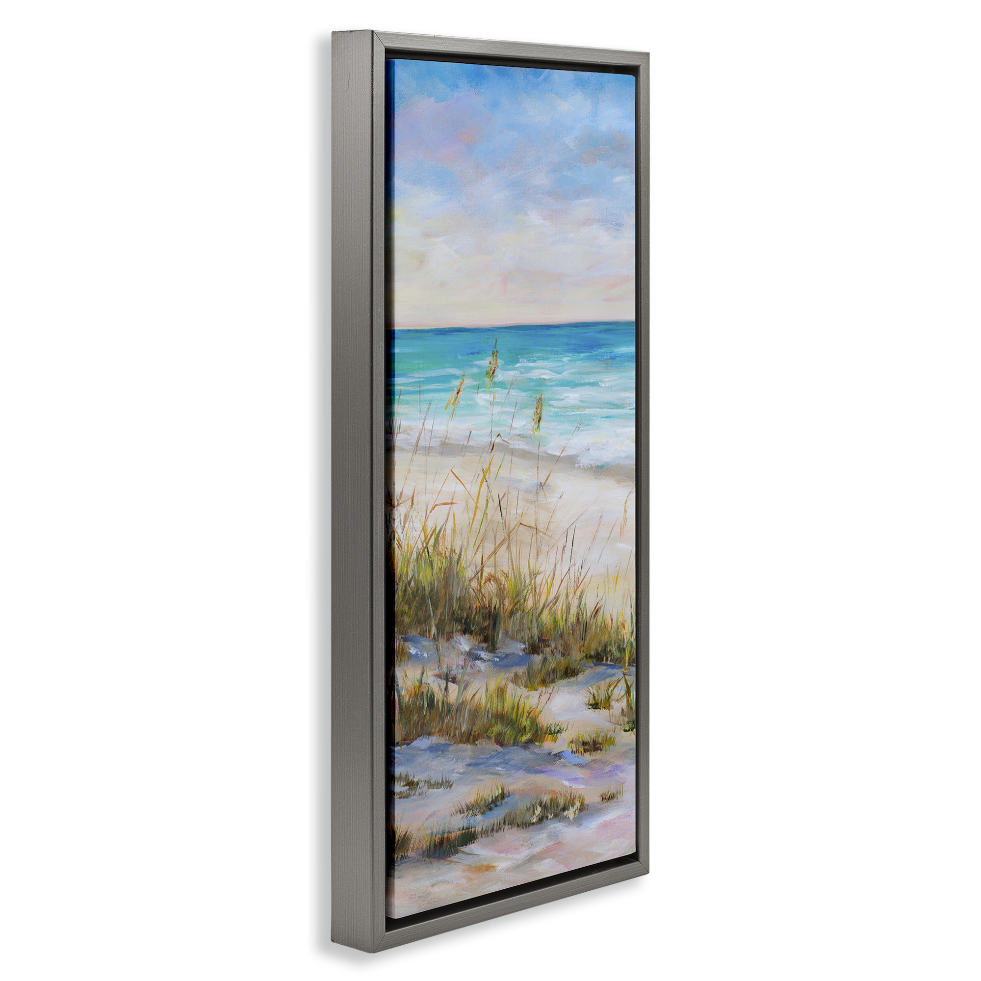 Stupell Industries Peaceful Beach Reeds Landscape Painting Gray Floater Framed Canvas Art Print Wall Art, 15 x 31