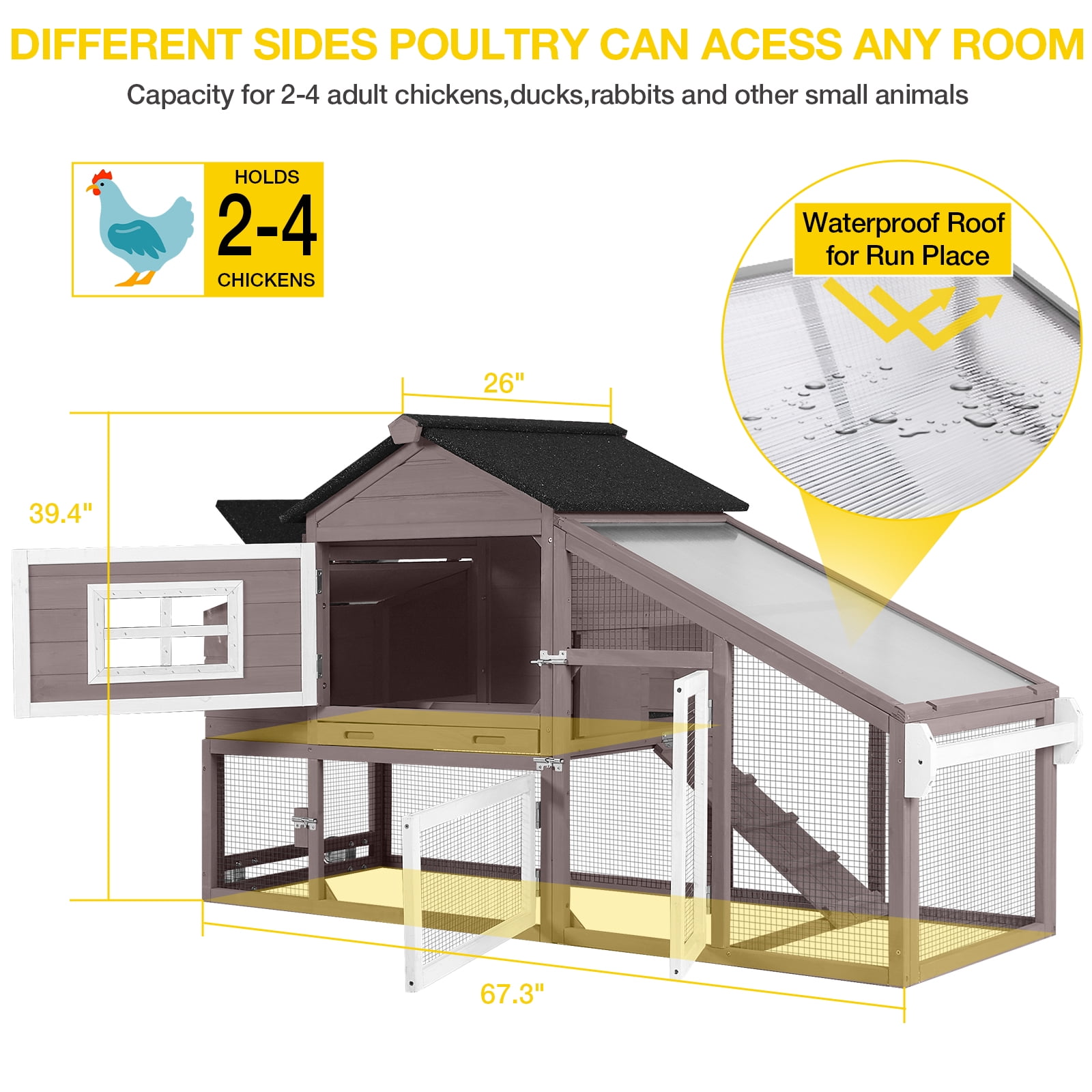 Aivituvin Chicken Coop, Mobile Chicken House with Wheels, Outdoor Hen House Poultry Cage with Nesting Box, Leakproof Pull Out Tray and UV-Resistant Roof (Brown)