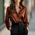 thumbnail image 2 of Women's Satin Blouse Collared Long Sleeve Tops Dress Shirts for Business Office Wear Coffee M, 2 of 6