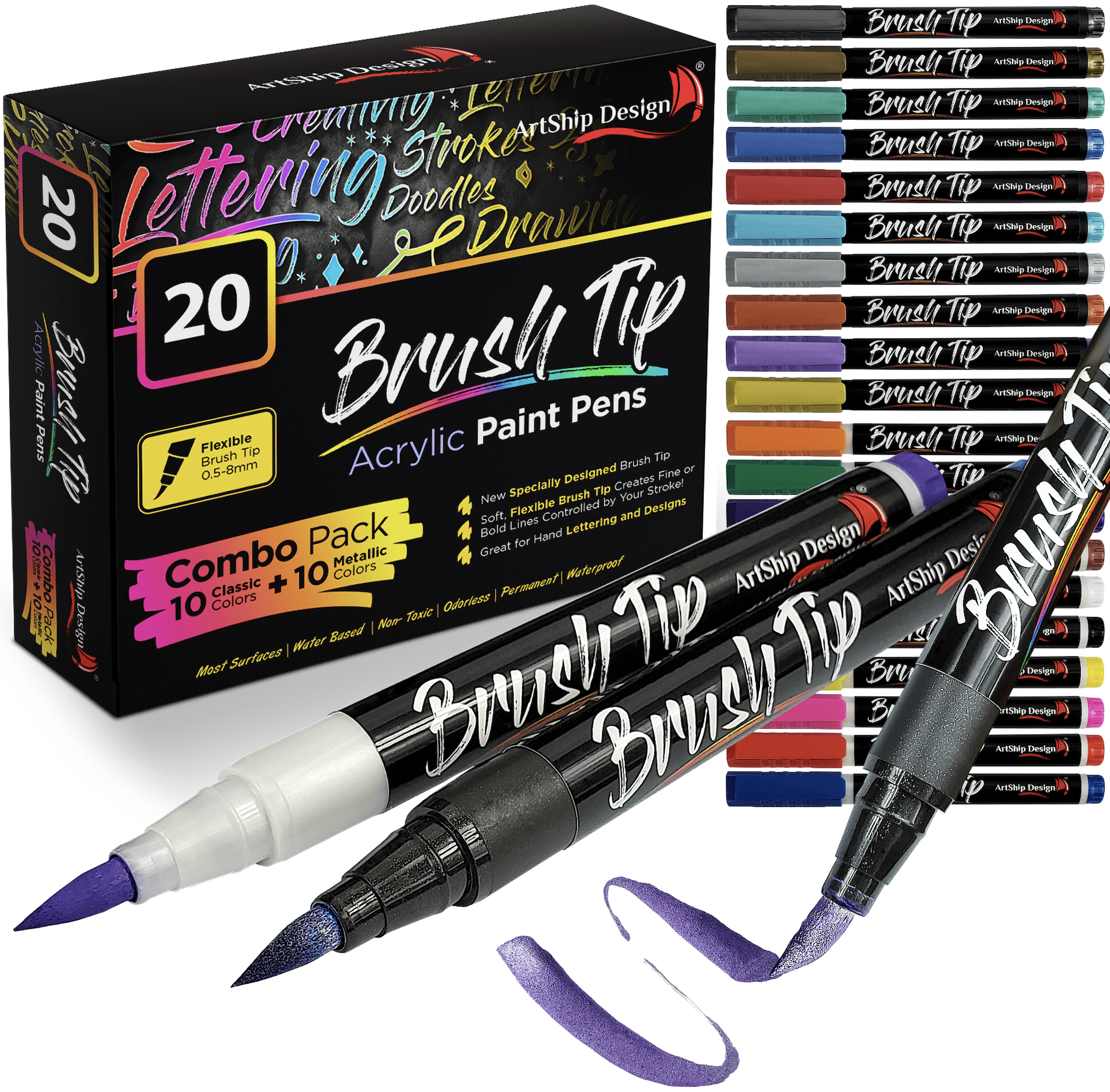 30 Watercolor Brush Pens Combo Pack, 28 Colors 2 Water Brushes by ArtShip  Design 