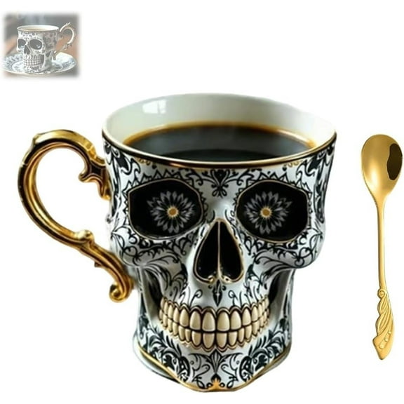 Skull Coffee Mug, Royal Skull Coffee Mug with Coffee Spoon, Gothic Resin Tea Cup with Gold Trim, Halloween Skullcoffee Mugs, Great for Coffeelovers and Collectors
