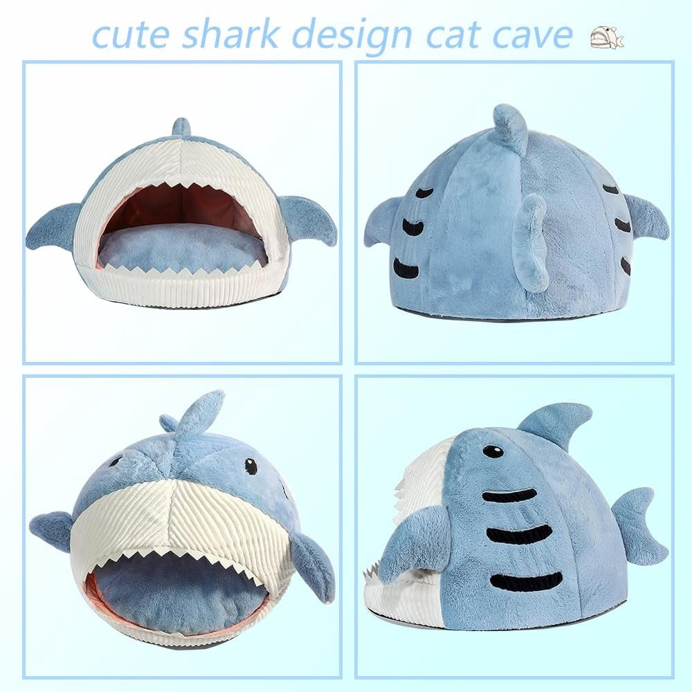 Shark Shape Cat Cave Bed with Thick Cushion, Kitten Soft Warm House for Indoor Cats, Cute Cat Tent with Removable Washable Cushioned Pillow, Anti-Slip Bottom Cat Hut Sleeping Bag-(Gray,S)
