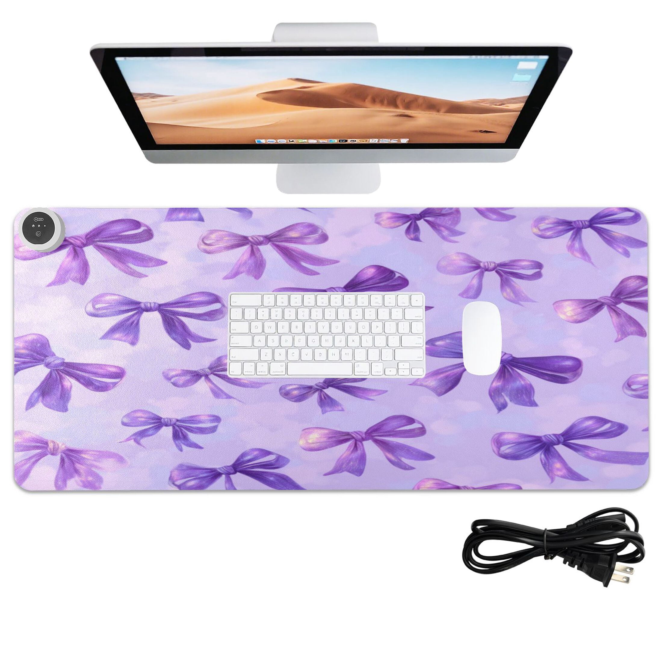Large Heated Desk Mat Mouse Pad 31.5"x13"PU Leather Graphene Heating Desk Warmer with 3 Temperature Settings 110V US Plug Non-Slip Warm Pad for Home, Office, and Gaming Vibrant Purple Bows Pattern