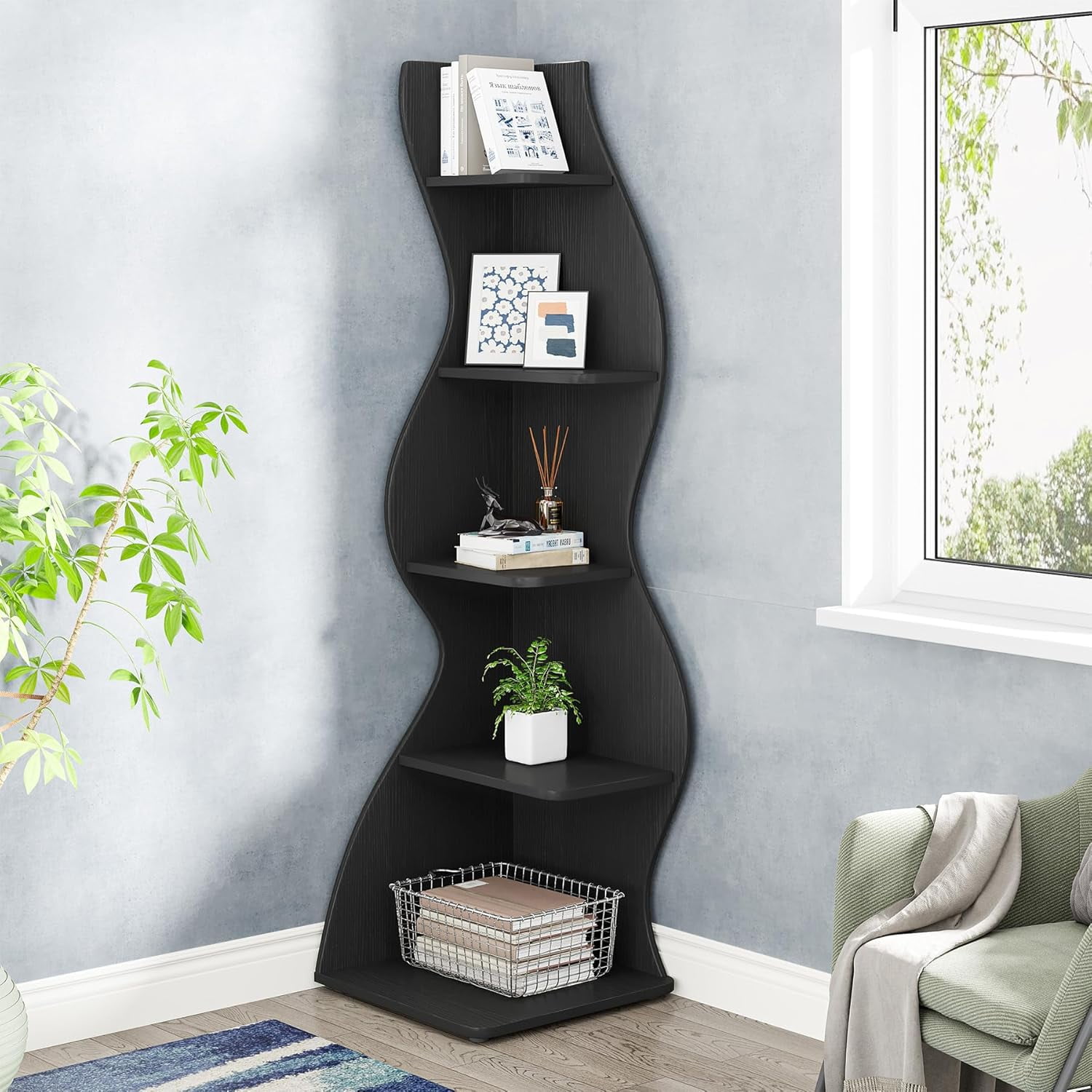 Tribesigns Corner Shelf, Modern 5-Tier Wall Corner Bookshelf, Stylish Corner Small Bookcase Storage Rack Plant Stand with Unique Shape for Living Room, Home Office, (Black)