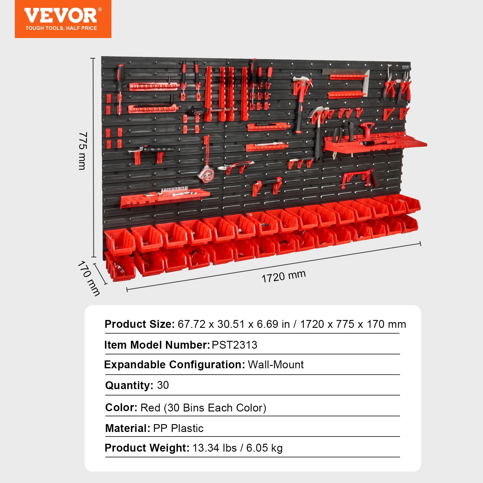 VEVOR Wall Mounted Storage Bins,30-Bin Parts Rack Organizer Garage Plastic Shop Tool with Wall Panels/Tool Holders/Hooks,Tool Organizer for Nuts, Bolts, Screws, Nails, Beads, Buttons,Black and Red