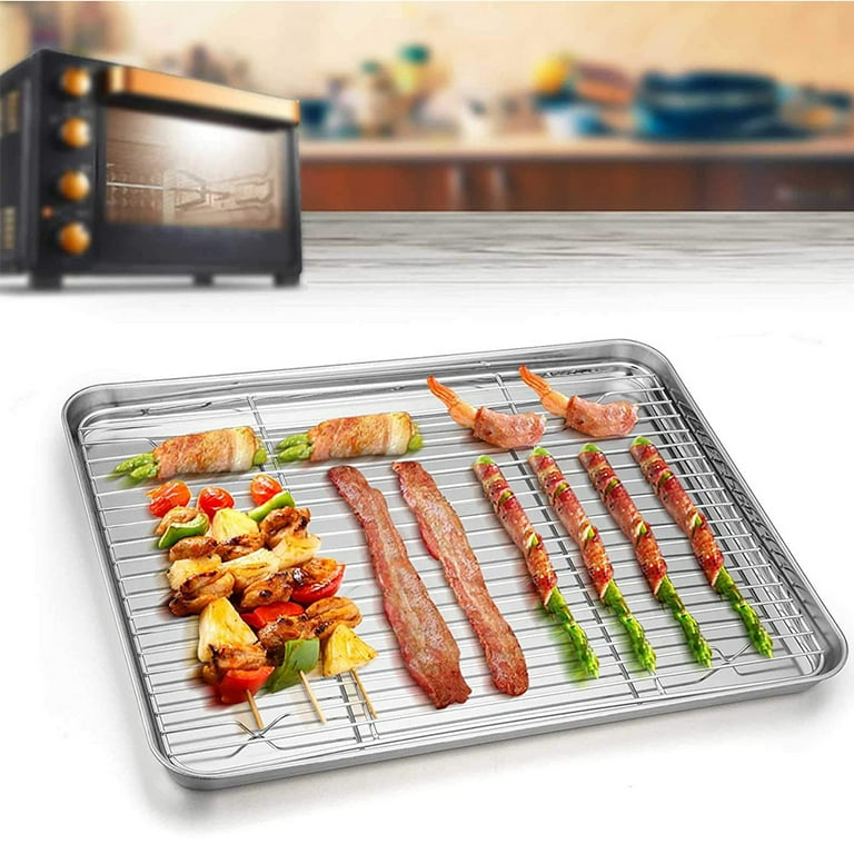 DOBADN Baking Sheet with Wire Rack, 15.35''x 11.5'' Stainless Steel Cooking  Pan with Grease Mesh Strainer, Kitchen Bakeware for Smoker and Pellet
