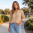 thumbnail image 4 of longantii Women's Linen Shirts Boho 3/4 Sleeve Scalloped V Neck Tops Breathable Solid Color Pullover Button Up Outdoor Daily Wear for Spring Fall Brown M, 4 of 6