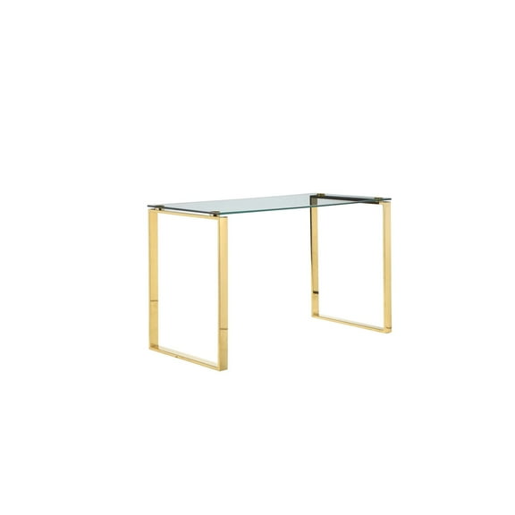 Benjara 47 Inch Modern Office Desk, Clear Tempered Glass, Gold Sled Steel Frame