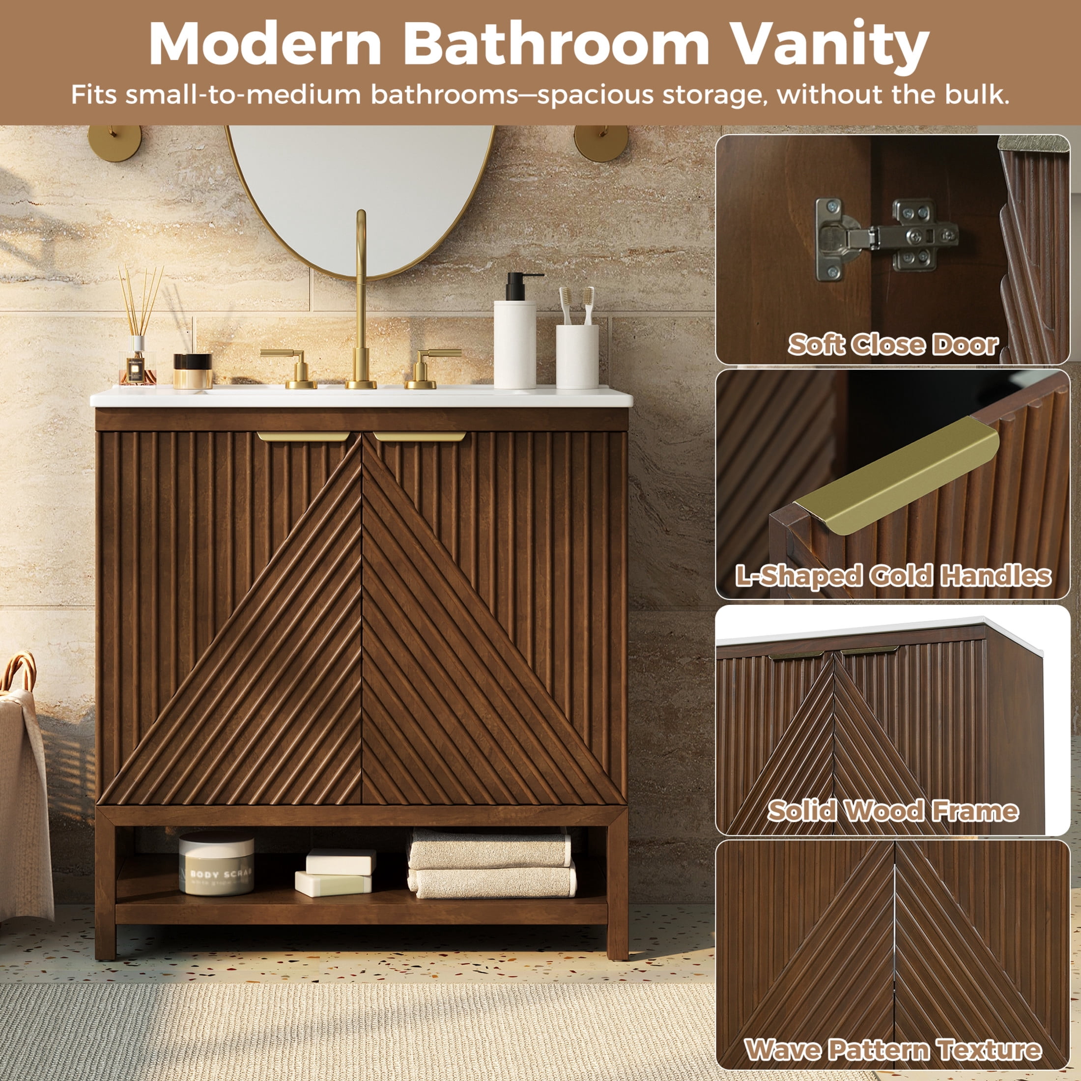 Christopher Knight Home 30" Bathroom Vanity, Fluted Cabinet with Ceramic Sink, Hidden Storage, Walnut