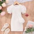 thumbnail image 2 of Odeerbi Toddler Girls Puff Sleeve Bodycorn Dress with Cute Bag Party Mini Knit Dress Lightweight Short Sleeve Round Neck Solid Color Dress Set Toddler Clothes White, 2 of 7
