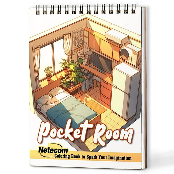 Netecom Pocket Room Coloring Book for Adults, A5 Wooden Cover, 30 Beautiful and Cozy Rooms Coloring Pages Of Mini World for Stress Relief and Relaxation, Spiral Bound Edition