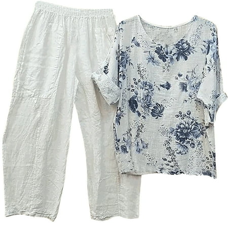 

YanHoo Women s Plus Size Two Piece Outfits Linen Lounge Vintage Print Short Sleeve Blouse and Pants Suit
