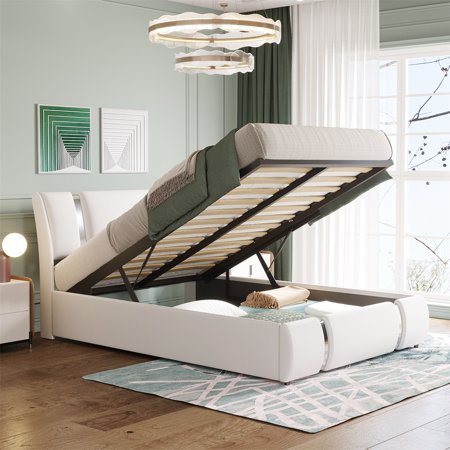 Faux Leather Platform Bed  Full Size Lift Up Storage Bed with A Hydraulic Storage System for Teens Adults  Upholstered Bed Frame with Headboard for Bedroom Guest Room  No Box Spring Needed  White