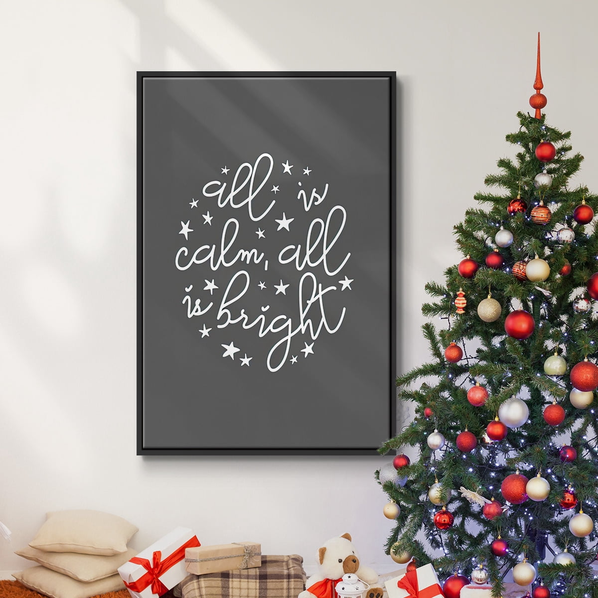 All is Calm, All is Bright - Dark Gray - Framed Gallery Wrapped Holiday Canvas - 17 x 25 - Black Frame