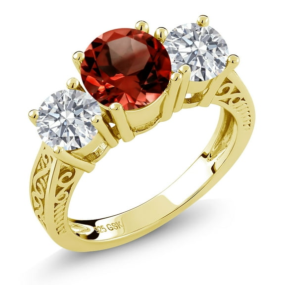 Gem Stone King 18K Yellow Gold Plated Silver Red Garnet and Lab Grown Diamond Engagement Ring for Women | 2.50 Cttw | Round 7MM | Gemstone January Birthstone | Size 6