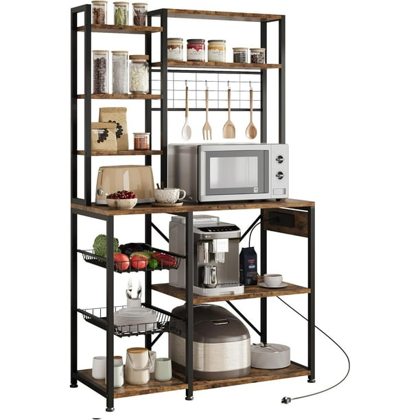 Yeshouse estantería para panaderos de 7 niveles con tomas de corriente, soporte industrial de metal con cesta de alambre y estante colgante, ideal como estación de café o almacenamiento para cocina