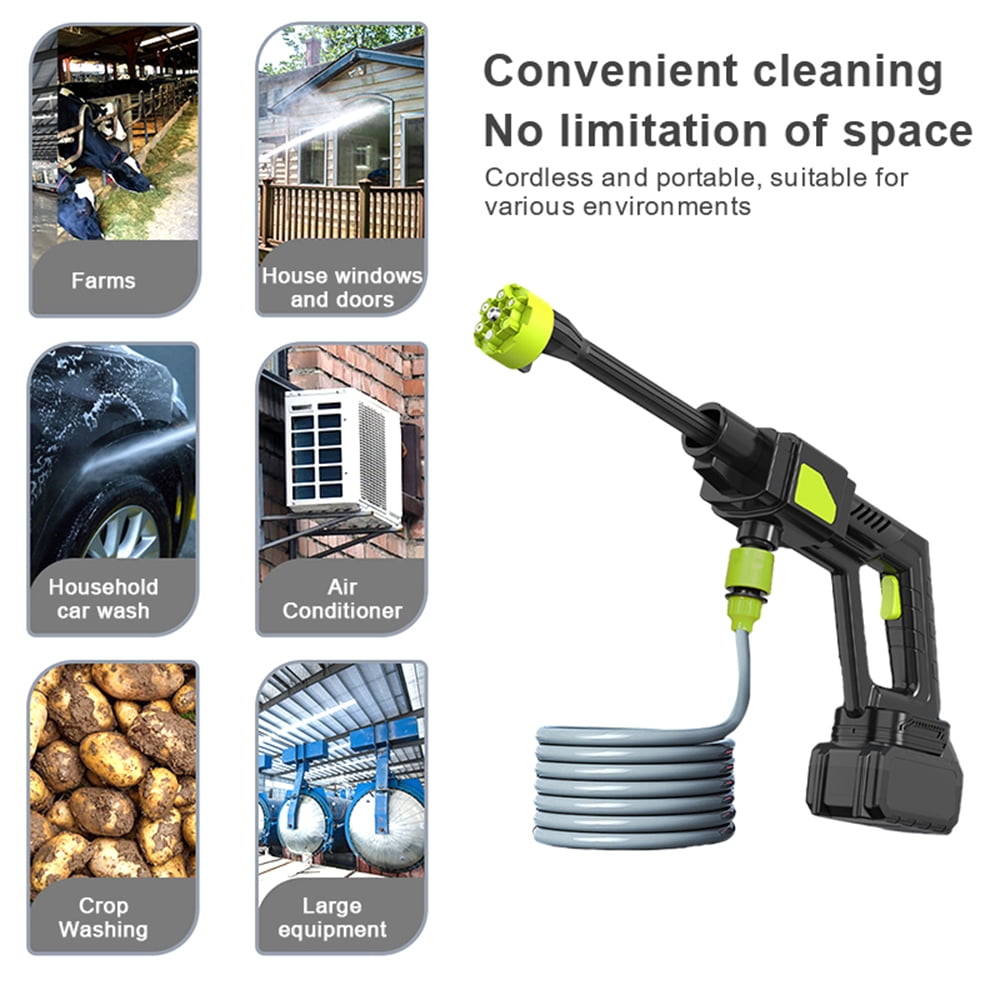 Jercoda Wireless High Pressure Car Wash, 30 Bar Washer with 6 IN 1 Nozzle and 5M Water Pipe, Portable Washer Machine with 3000mAh Battery, Green