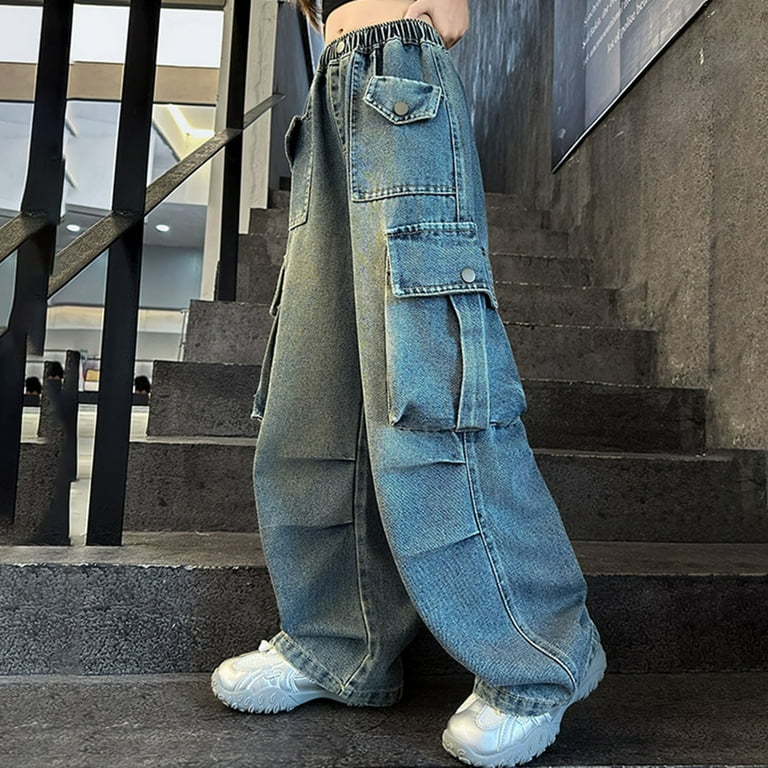 JAHH Clearence Girls Distressed Streetwear Denim Cargo Pants, High