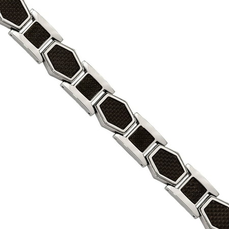 Primal Steel Stainless Steel Polished with Black Carbon Fiber Inlay Link Bracelet, 8.75