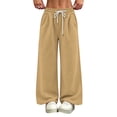 thumbnail image 2 of Womens Loose Casual Wide Leg Pants Solid Elastic Drawstring Waist Sweat Trousers with Pockets, Breathable Comfy Bottoms for Indoor Rest and Outdoor Activities S-3XL Khaki, 2 of 7