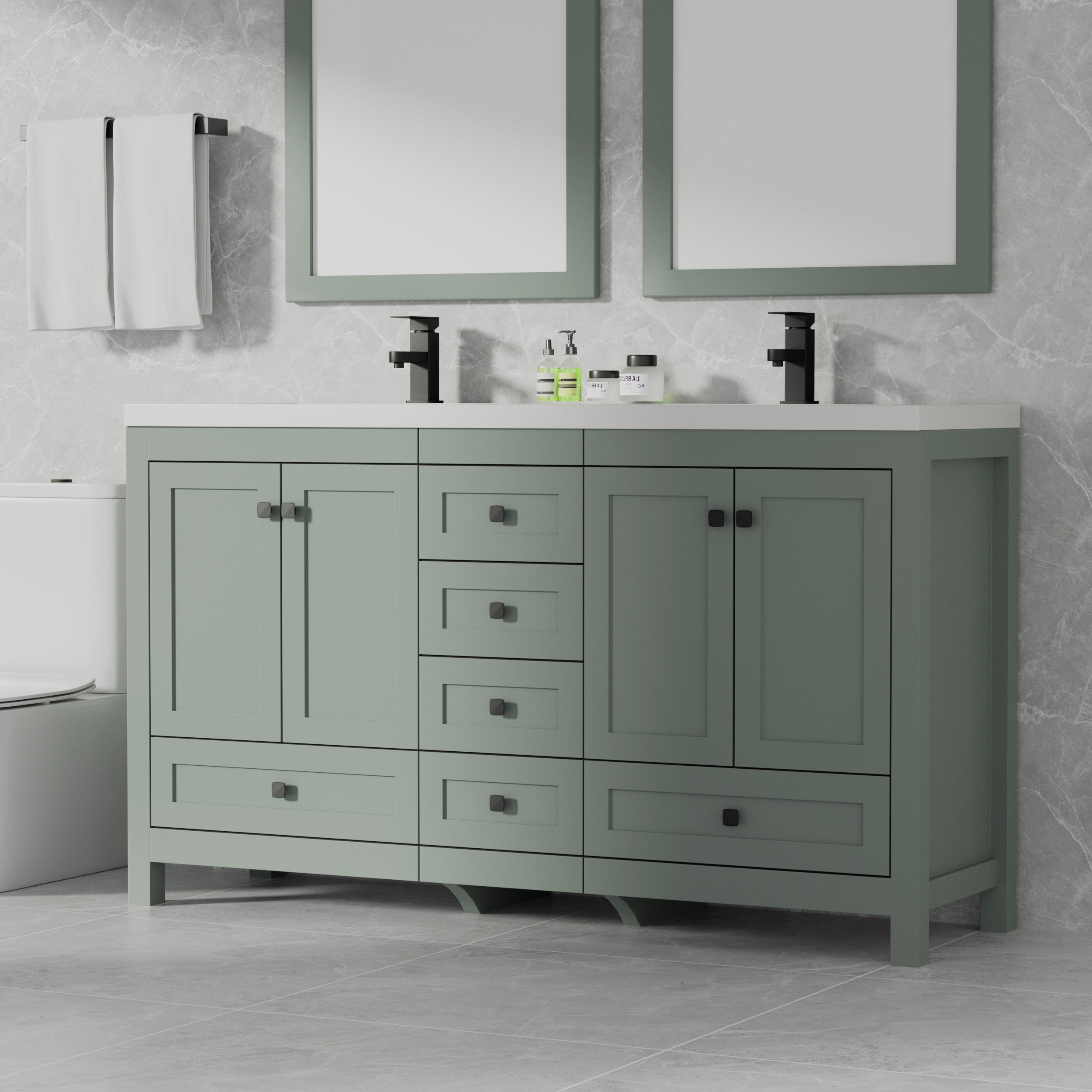 Eclife 60" Freestanding Double Sink Bathroom Vanity with Integrated Sink Top and Faucet, Hand Painted Bathroom Vanity Cabinet, Spacious Storage