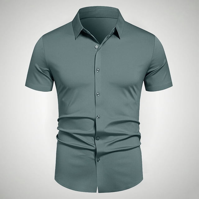 pstuiky camisetas de hombre, Camisa informal de negocios de color liso con solapa y botones de manga corta para hombre camisetas de hombre xl