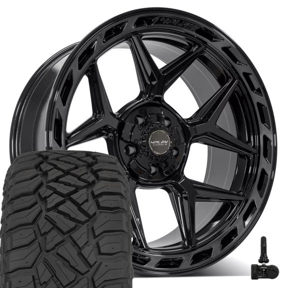 4PLAY Wheels 4P55 22 Inch Rims and Tires Fit 5x127 & 5x139.7 22x10 Gloss Black Brushed with Tinted Clear - TerraMax RT 285/45-22 (Set of 4)