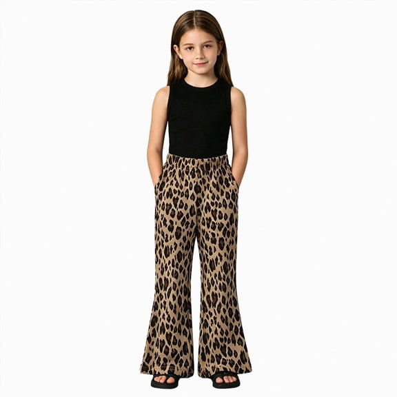 mgoYE Girl's Polka Dots Loose Fit Wide Leg Pants with Pocket(Brown,3-4 Years)