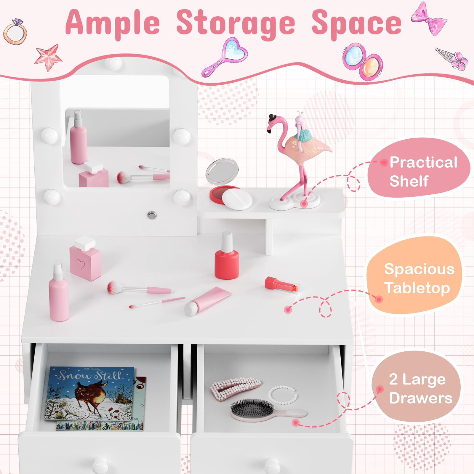 Arlopu Kids Vanity Table & Stool Set, Wooden Makeup Table and Chair Set with Storage Drawer, LED Lights & Mirror