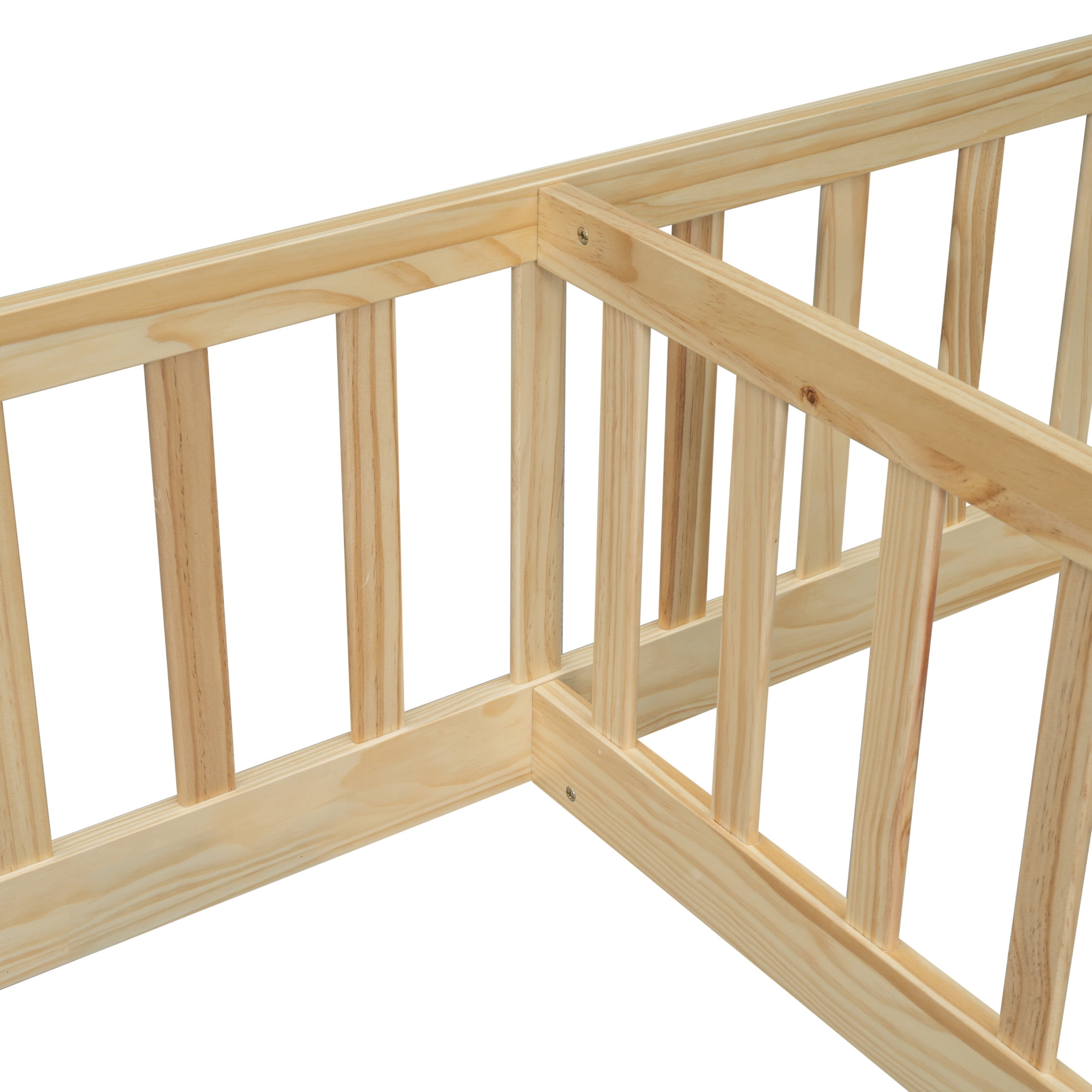 Noble House Finbar Double Twin Floor Bed with Fence Guardrails, Pine and Engineered Wood Frame for Kids, Natural