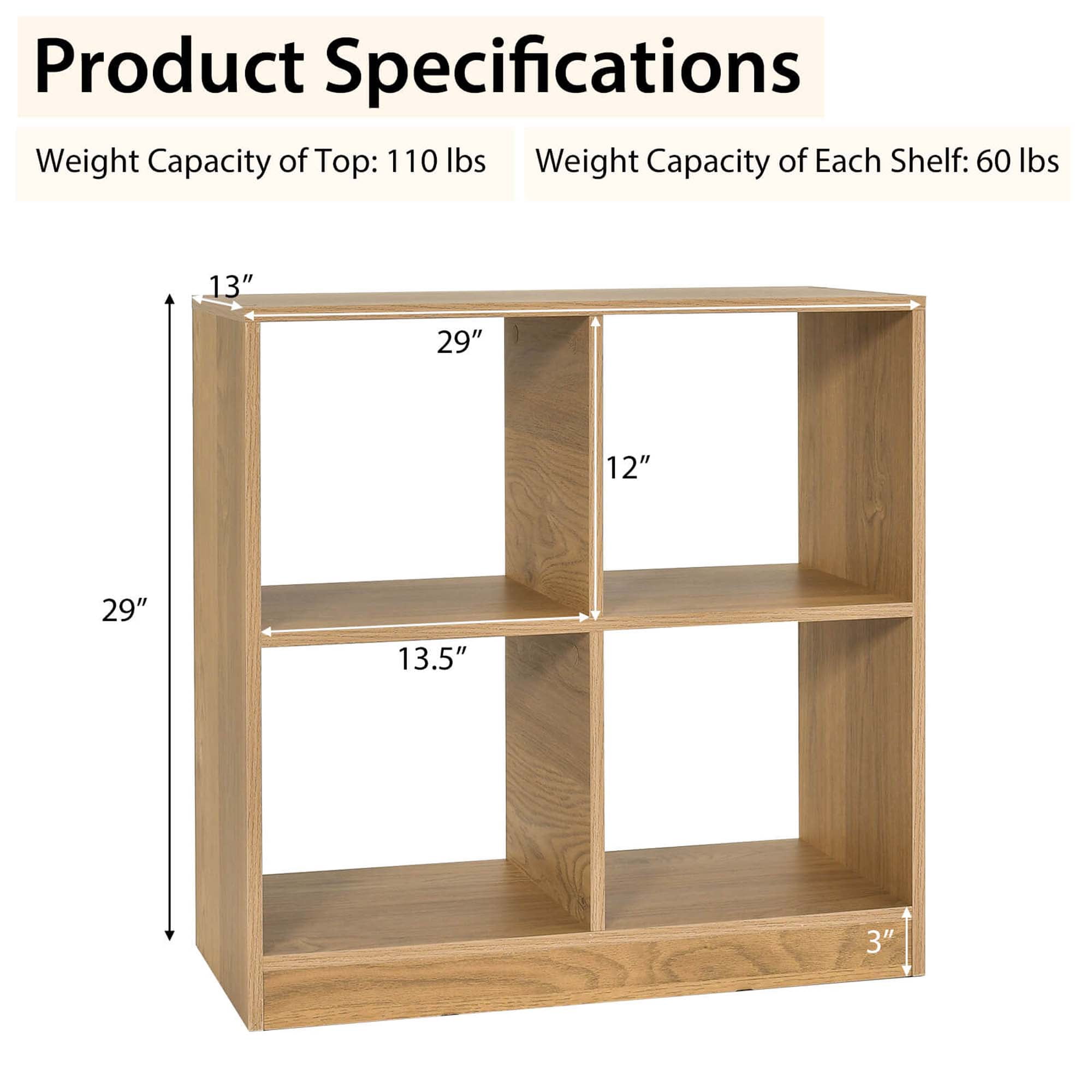 Costway Kids Toy Storage Organizer 4-Cube Wooden Display Bookcase with Anti-toppling Device Natural
