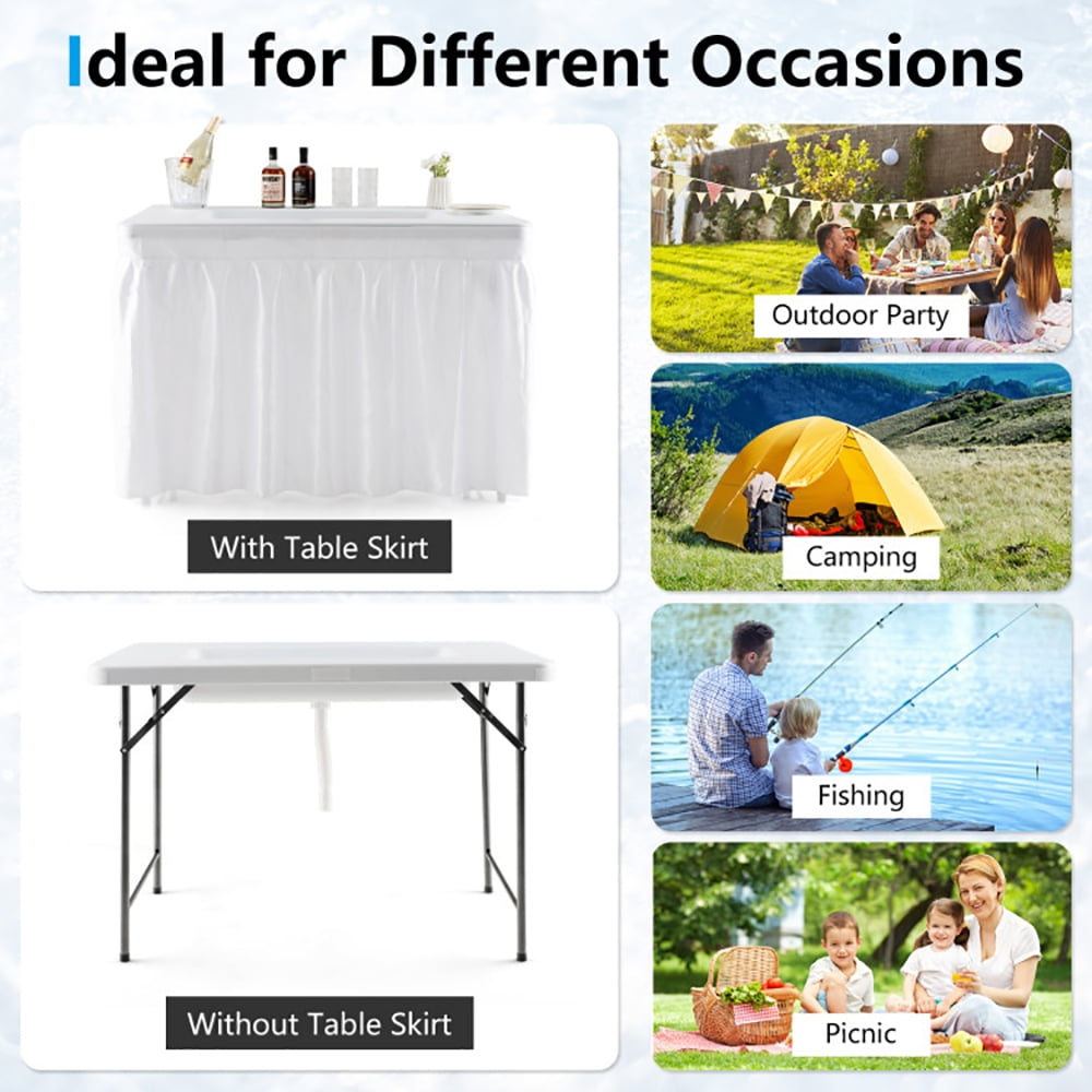 Aimee Lii 4 Feet Folding Ice Bin Table with Skirt for Camping Picnic Wedding, Camp Tables PorTable Foldable, White