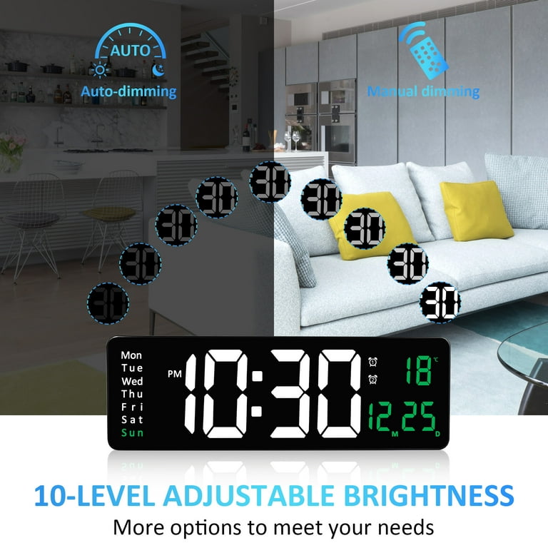 Large Digital Wall Clock with Remote Control 17.2 LED Large Display Timer  with Temperature Date Week Auto DST Adjustable Brightness, Big Wall Alarm