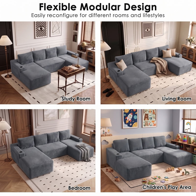 Anpport 133" Boneless Cloud Modular Sectional Couch, Corduroy Sofa with Cup Holders, Side Pockets, Deep Seat, No Assembly Required for Living Room, Gray (U‑Shaped)
