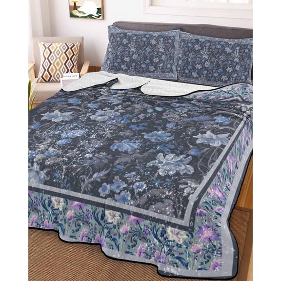 Navy Blue Floral Boho King Size Down Alternative Comforter, Lightweight Comforter Quilt Bedding Set with Pillow Shams Ethnic Tribe Abstract Art Flower All Seasons Bed Comforter Duvet Insert 96"x106"