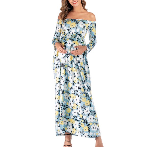QISIWOLE Maternity Word-Shoulder Long Sleeve Flowers Print Length-skirt Fashion Dress Deals