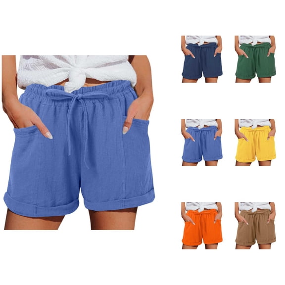 Cotton Linen Shorts for Women Summer Casual Elastic Waist Straight Leg Relaxed Fit Lightweight Beach Shorts with Pockets
