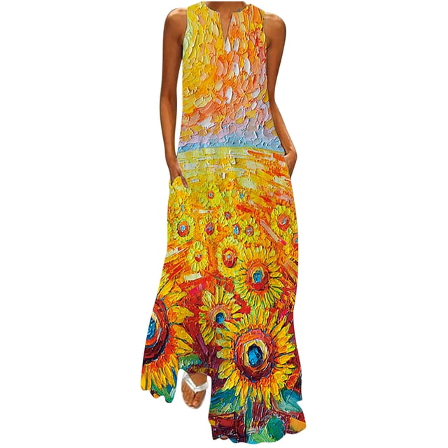 Babysbule Liquidation Robes d'Été pour Femmes, Robe Longue Décontractée pour Femmes avec Imprimé Rayé et Floral, Robe Maxi Sans Manches