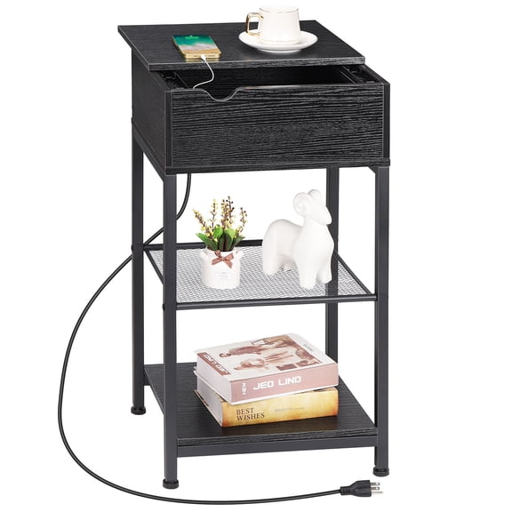 slide Top End Table with Hidden Charging Station - Side Tables with Storage & Shelves, Compact Side Table for Small Spaces, Slim End Table with Charging Station